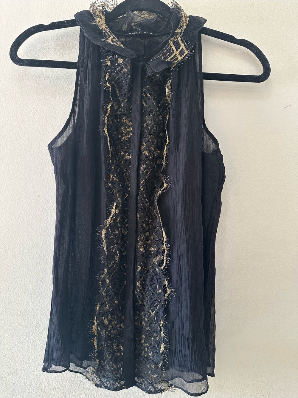 Elie Tahari 100% Silk Black Sleeveless Sheer Camisole with Gold Trim